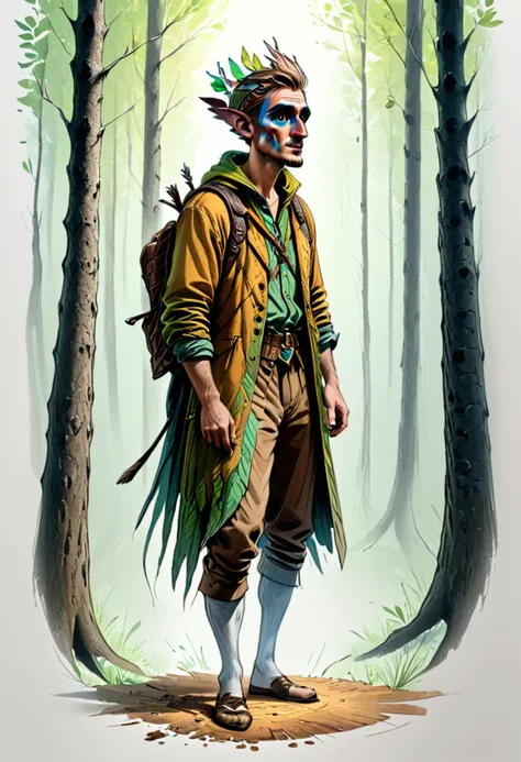 a drawing of a man in a costume and sunglasses standing in the woods