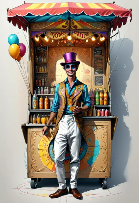 arafed image of a man in a top hat and vest standing in front of a stand with balloons