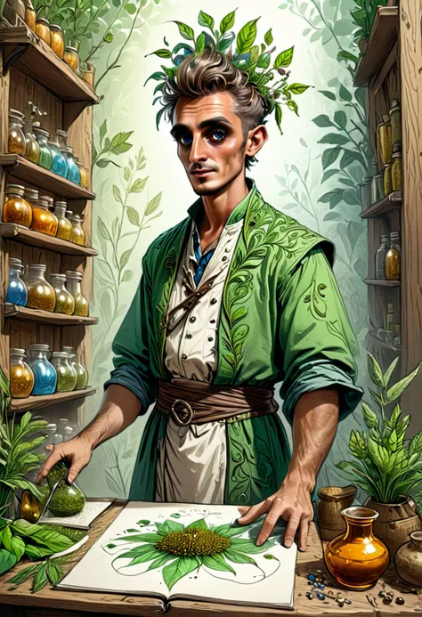 arafed image of a man in a green robe cutting a plant