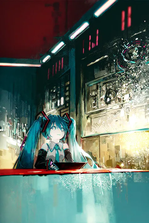 (1girl, hatsune miku:1.3), best quality, sitting on chair, analog battery indicator, futuristic lab, translucent material building, element specimen, microscope on table, dark chamber, oil painting (medium), scenery, tkstyle, extremely detailed, masterpiec...