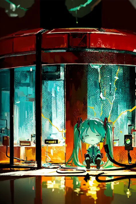 1girl, hatsune miku, best quality, scenery, sitting, scientific, analog battery indicator, failure of electricity, futuristic lab, translucent material building, biological research, microscopic vision, mnemonic environmental simulator, alternate world, oi...