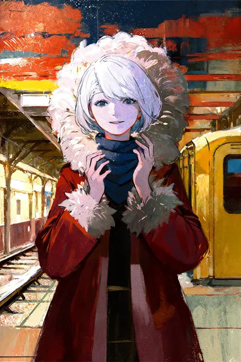 best quality, 2girls, scenery, speak to peoples, hand on own face, white hair, short hair, messy hair, (moscow metro, ceiling, train, underground:1.2), traditional architecture, scarf, solo, smile, intricate coat, fur coat, colorful theme, oil painting (me...