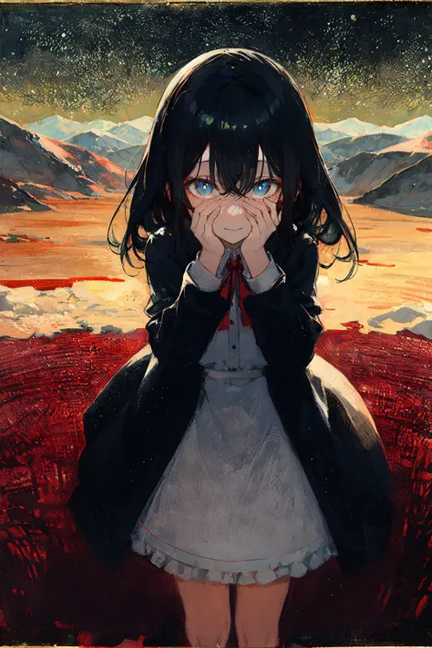 anime girl in a field of red flowers with a starr sky in the background