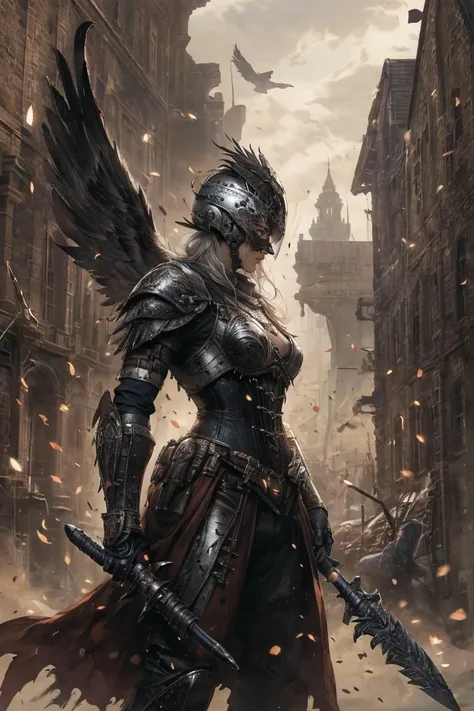 a woman in armor holding a sword standing in front of a city