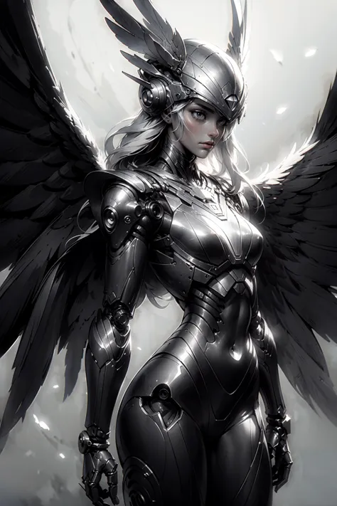 a woman in a black suit with wings and a sword