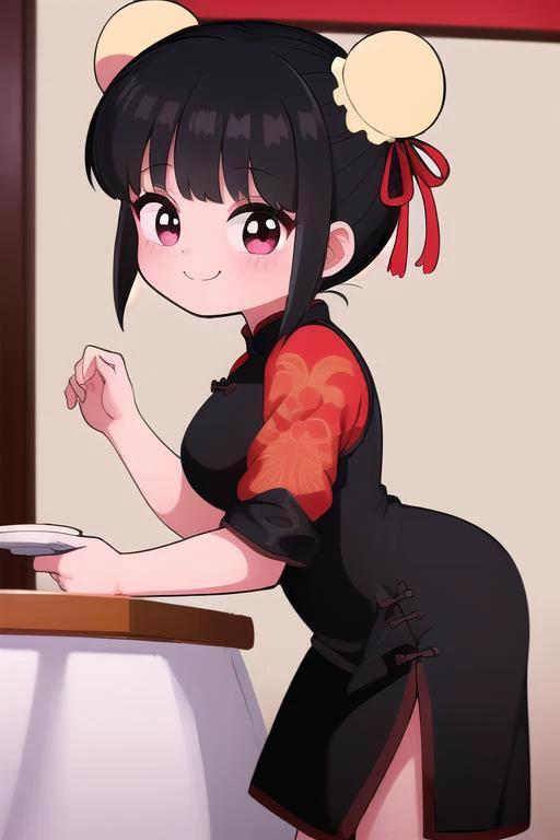 masterpiece,ultra detail,best quality,girl,petite,ByouinjiYunna,hair bun, double bun,  black hair,  bun cover, bangs,smile,happy,china dress,chinese restaurant <lora:ByouinjiYunna:0.7>