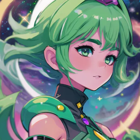 cosmic princess, 2d, digital art, short green hair