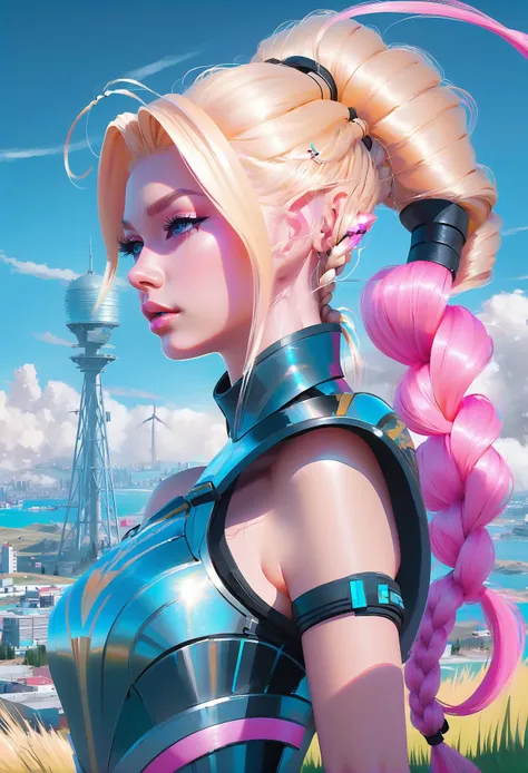 hyperrealistic digital painting by ilya kuvshinov, elf sci-fi rune knight lord , pauldrons, neon pink hair, Pigtail Buns,french braids, slouching, in a  field of wind generators, overlooking a  city, bombshell hair, blonde hair, spiked hair,Mermaid Braid, ...