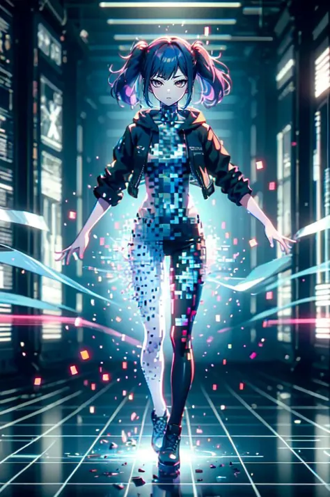 <lora:pixelize:0.6> (((glowing, hologram, blurry, digital dissolve, cyberpunk, dissolving clothes, dissolving body, glitch))), fighting stance, looking at viewer,, ultra detailed, masterpiece, best quality, aesthetic, detailed,, solo, 1girl, red hair, oran...