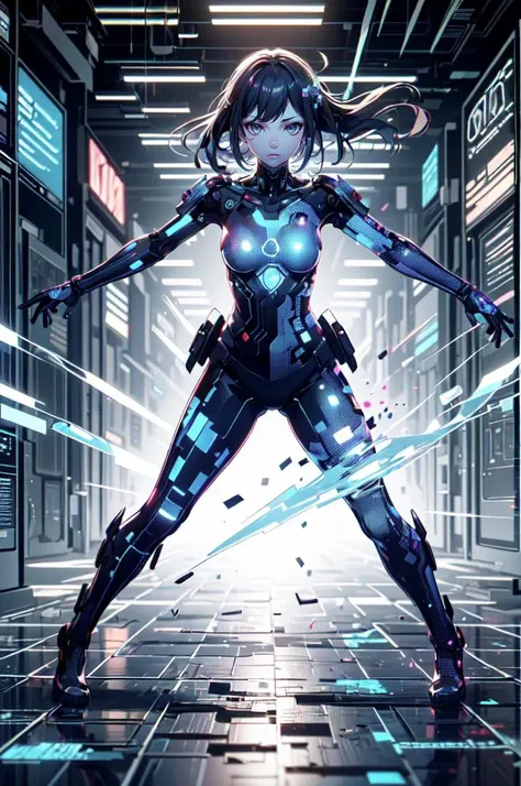 <lora:pixelize:0.4> (((glowing, hologram, blurry, digital dissolve, cyberpunk, dissolving clothes, dissolving body, glitch))), fighting stance, looking at viewer,   katya1, ultra detailed, masterpiece, best quality, aesthetic, detailed,