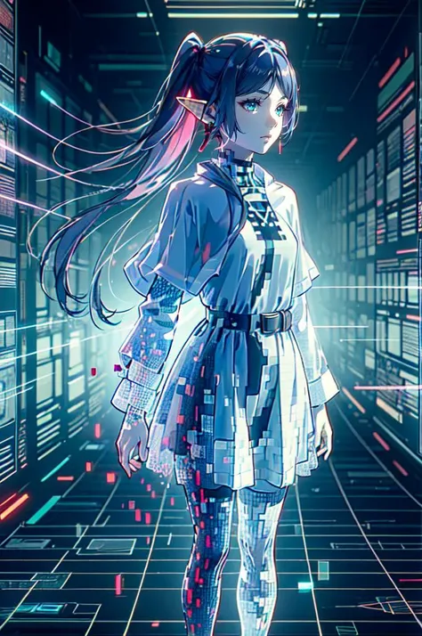 <lora:pixelize:0.6> (((glowing, hologram, blurry, digital dissolve, cyberpunk, dissolving clothes, dissolving body, glitch))), looking at viewer,  <lora:CHAR-Frieren:0.9> FrierenBase, twintails, earrings, white capelet, striped shirt, white skirt, long sle...