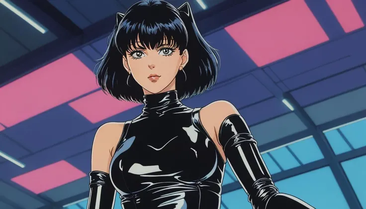 (1980s anime, cinematic, aesthetic, wow) anime illustration of an anime woman dressed in latex