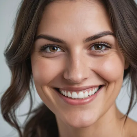 Close up portrait of a beautiful 30yo brunette woman, cheeky smile.