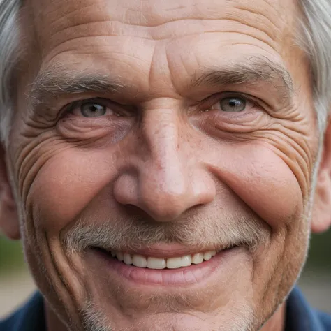 Close up portrait of a beautiful 60yo man, deeply wrinked face, cheeky smile.