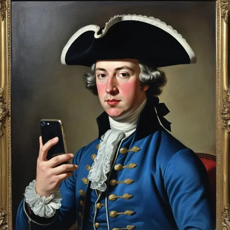 1700s oil painting of Duke Smitherington on his iphone