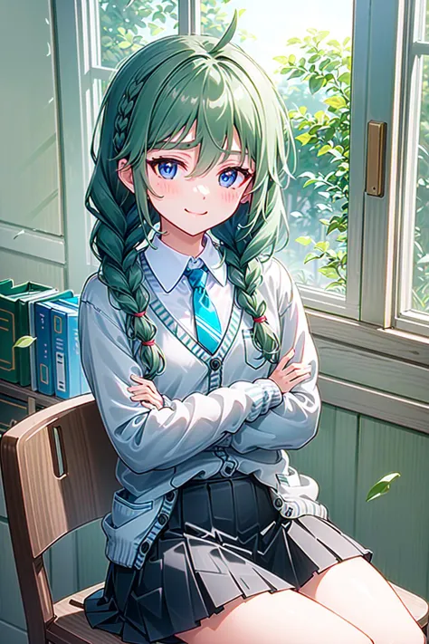 anime girl sitting on a chair in front of a window