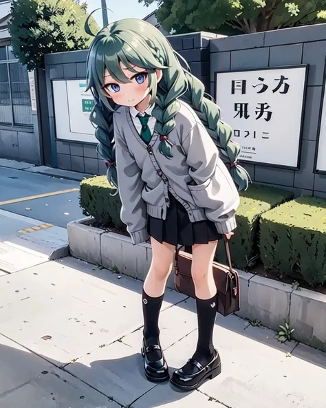 anime girl with green hair and black boots standing on sidewalk