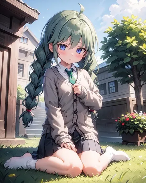 masterpiece, best quality, highly detailed
 <lyco:yuni-v1-000005:0.9>,yuni,blue eyes, green hair, ahoge
long hair, blush, braid, twin braids, bangs, hair between eyes,   petite, 
yunireal, skirt, school uniform, necktie, cardigan, green necktie
 (from side...