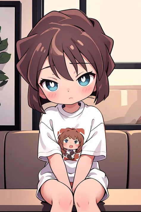 anime girl sitting on a couch with a teddy bear on her shirt