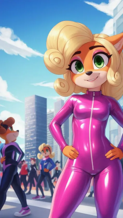 a cartoon catwoman in a pink catsuit standing in front of a crowd