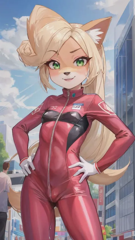 (<lora:CocoBandicoot1:1>),(1girl:1),(animal ears:0.961),(blonde hair:0.78),(blue sky:0.975),(small breasts:0.981),(building:0.952),(city:0.815),(closed mouth:0.715),(cloud:0.971),(day:0.98),(furry:0.941),(furry female:0.963),(green eyes:0.925),(hand on hip...