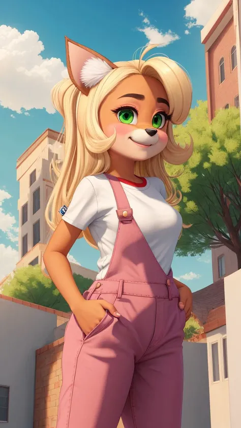 <lora:CocoBandicoot1:1>,(1girl:1),(animal ears:0.961),(blonde hair:0.78),(blue sky:0.975),(breasts:0.881),(building:0.952),(city:0.815),(closed mouth:0.715),(cloud:0.971),(day:0.98),(furry:0.941),(furry female:0.963),(green eyes:0.925),(hand on hip:0.937),...