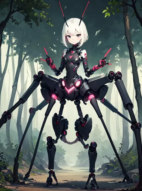 best quality,(A monster girl), forest,forest environment,(1girl:1.9),(antennae), black eyes, (ant), gaster,compound eyes,paws,looking at viewer, full body,six legs,<lora:leco_spider_tank_v20:0.5>,(non-humanoid robot),(spider tank)