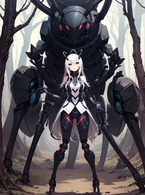 best quality,(A monster girl), forest,forest environment,(1girl:1.9),(antennae), black eyes, (ant), gaster,compound eyes,paws,looking at viewer, full body,six legs,<lora:leco_spider_tank_v20:0.5>,(non-humanoid robot),(spider tank)