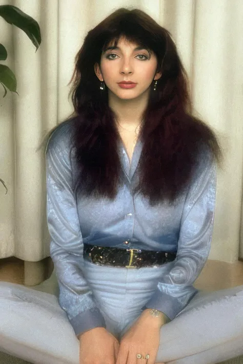 arafed woman sitting on a chair with a blue shirt and a black belt