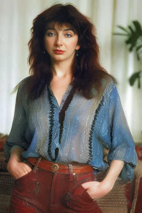 a close up of a woman in a blue shirt and red pants