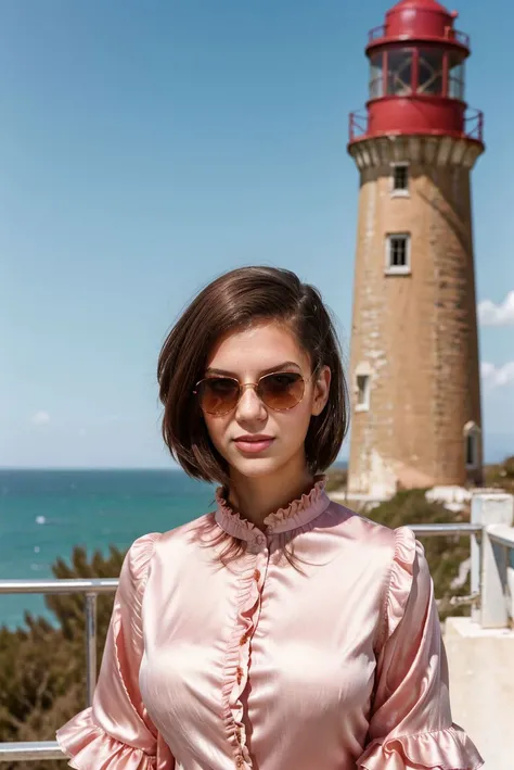 A full color portrait of a beautiful woman, wearing a soft pink silk blouse with ruffled sleeves, neglected lighthouse<lora:epiNoiseoffset_v2:1>, sunglasses, epic character composition,by ilya kuvshinov, alessio albi, nina masic,sharp focus, subsurface sca...