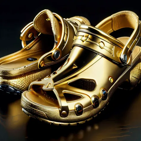 masterpiece, closeup, luxtech, edgcrocs, crocs, footwear focus, (gold), metal, (smooth:1.2), glossy, luxurious, scifi, amazing details, best quality, <lora:edgCrocs1:0.34>  <lora:LuxTech:1.2>