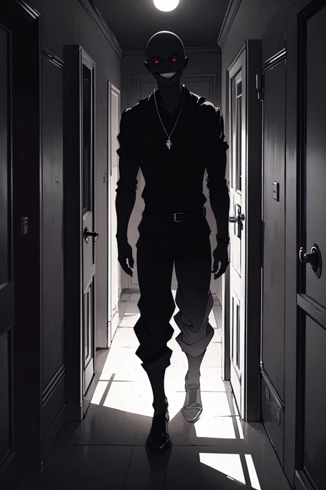 arafed man in a black outfit walking down a hallway