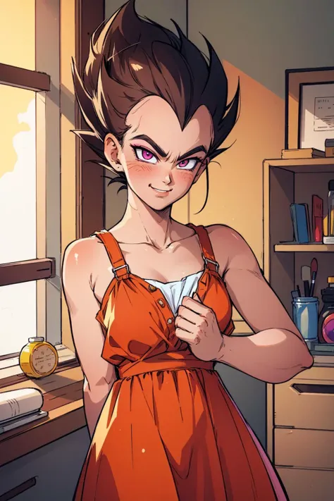 (best quality:1.1),original,1boy,<lora:dbz_vegeta:1>,vegeta,smile,sundress,blushing,pretty,makeup