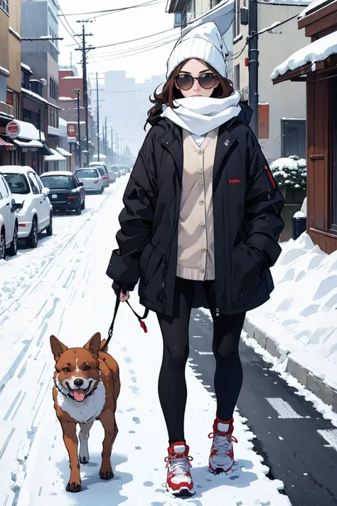 (best quality:1.1),original,1 girl,walking dog,winter,snow,sidewalk