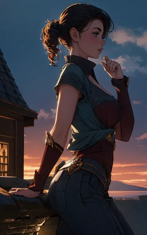 a woman in a corset standing on a wall with a sunset behind her