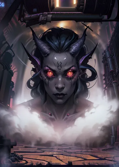 Grim,  shadow, (cartoon:1.1) comic style, (masterpiece:1.4), digital (2d:1.2), a giant old factory, metallurgical plant, enormous, epic dark background, (small figure standing in front of giant <lora:slaanesh:1> slaanesh horned (demon:0.8) (girl:1.4) glowi...