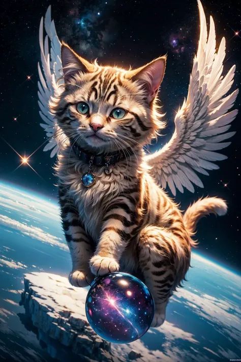 official art, unity 8k wallpaper, ultra detailed, High quality, beautiful, masterpiece, best quality, a fluffy cat floating in space, angel wings, cute, chibi cat, nebula, sparkle