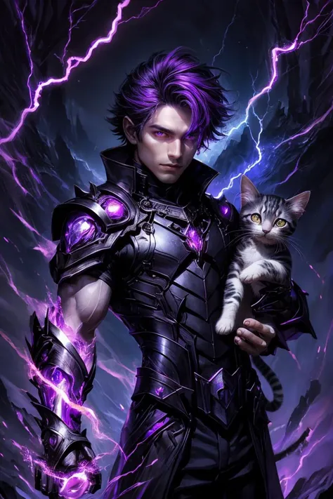 male necromancer, holding a kitten, dark magic, purple lightning, sparks,