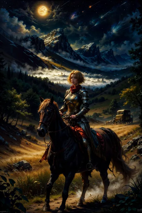 oil painting, woman, female paladin, laurel, (short blonde hair:1.2), riding a horse, steel armor, (steam, fog:1.2), holding a glowing stone, beautiful face, smirk, trees, full moon, moonlight, starry sky, shooting star, at night, bush, grass, in forest, (...