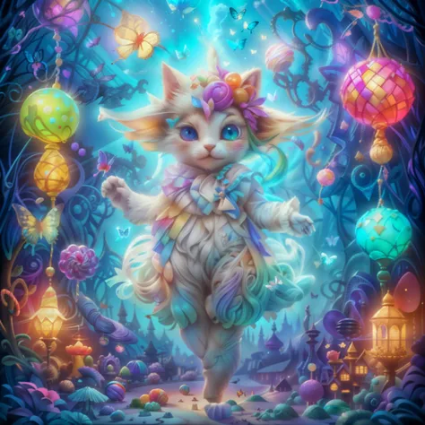 Fantasy creature, fluffy, multicolored, large eyes, whimsical, candy land, pastel colors, vibrant, magical, animated style, fantasy landscape, confectionery-themed environment, playful, dreamy sky, soft lighting, string lights, butterflies, swirly lollipop...