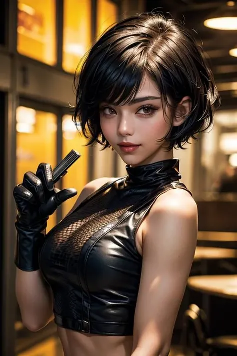 spiky bald hairstyle, short hair, mexican skin, gloves, Fishnet tight, fishnet crop top military, 1girl ,dark black hair, ((hair cut super short,)), soft Brown eyes, smile lips, hold a bomb botton