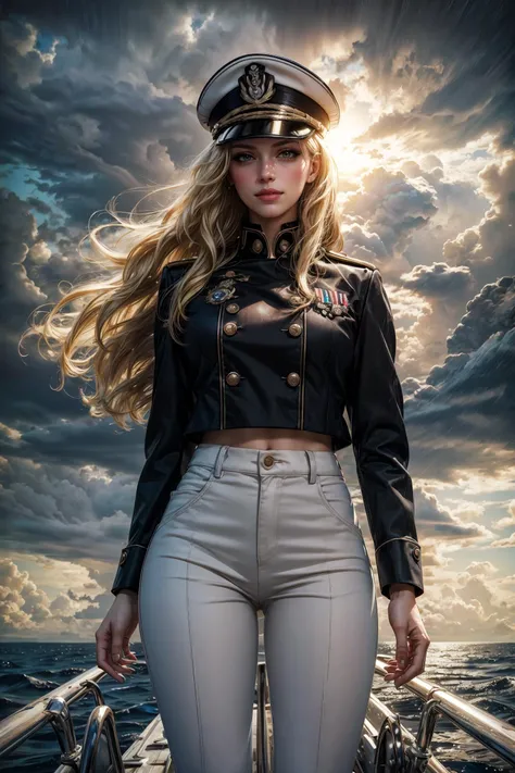 best quality, masterpiece, photorealistic, ultrarealistic,  professional photograph shot on Canon EOS R6, 80mm, 1girl, (moody lighting:0.8),  (beautiful 24 yo swedish girl:1.05), admiral, standing on a ship deck, sailing the seas, solo, detailed eyes, sad ...