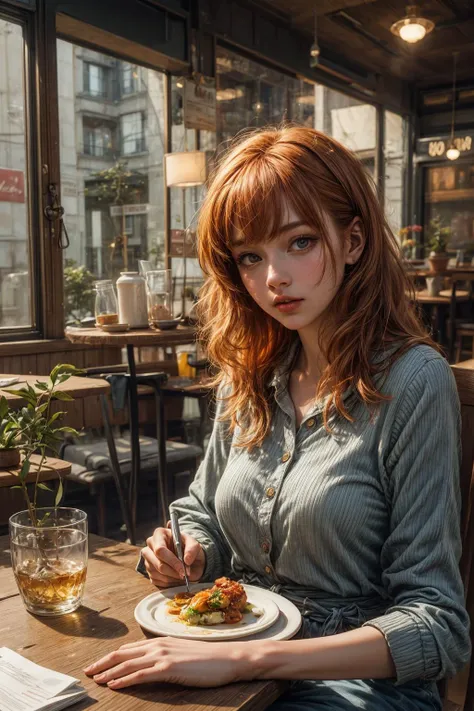 1girl, medium ginger hair, sitting in a cafe, glass walld, wooden tables, delicious food on the table,
masterpiece, hight quality, realistic, detailed, <lora:add_detail:1>