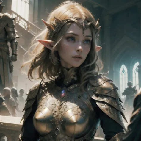 (Masterpiece, epic quality, 8K resolution, epic realism, epic detail), 1female, ((full-plated elven armor)) detailed face, (beautiful detailed eyes), delicate and beautiful hair, beautiful, amazing, upper body portrait:1.2, {{ultra-detailed}}, (hyperrealis...