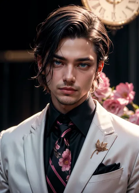 solo, looking at viewer, short hair, blue eyes, shirt, black hair, 1boy, jacket, white shirt, upper body, flower, male focus, necktie, collared shirt, blurry, black jacket, formal, suit, black necktie, pink flower, hair slicked back, black suit, fantasy, a...