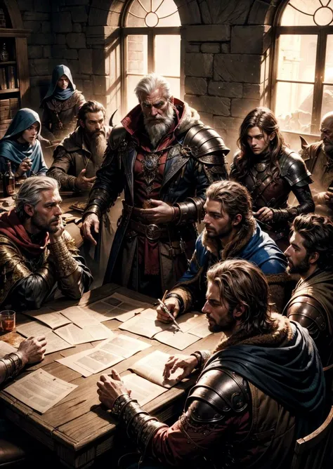 official art, unity 8k wallpaper, ultra detailed, beautiful and aesthetic, High quality, beautiful, masterpiece, best quality, 1man, multiple people, a dark wizard playing dungeons and dragons with friends, excited, funny