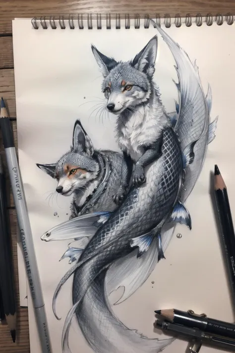 pencil sketch study of a koi fish  and two cyberpunk foxes