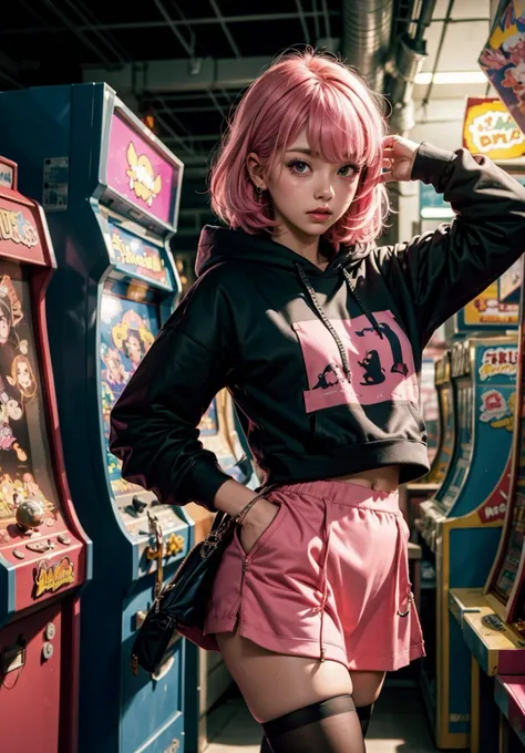 1girl, pink hair, kawaii, arcade, (fisheye lens), hoodie, skirt, stockings, arcade scenery, (hands inside hoodie pocket)