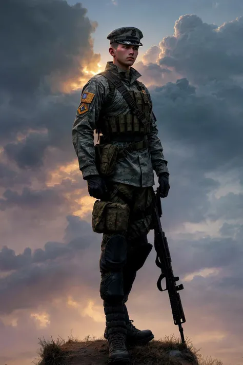 A striking combination of imagery and symbolism. Against a backdrop of a dusk sky, fading into shades of orange and purple, a silhouette of a soldier in combat gear stands tall, representing the protagonists military background. The soldiers posture exudes...